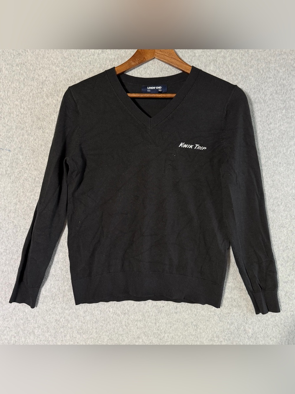 Lands' End Black V-Neck Sweater with Kwik Trip Logo women’s small petite
